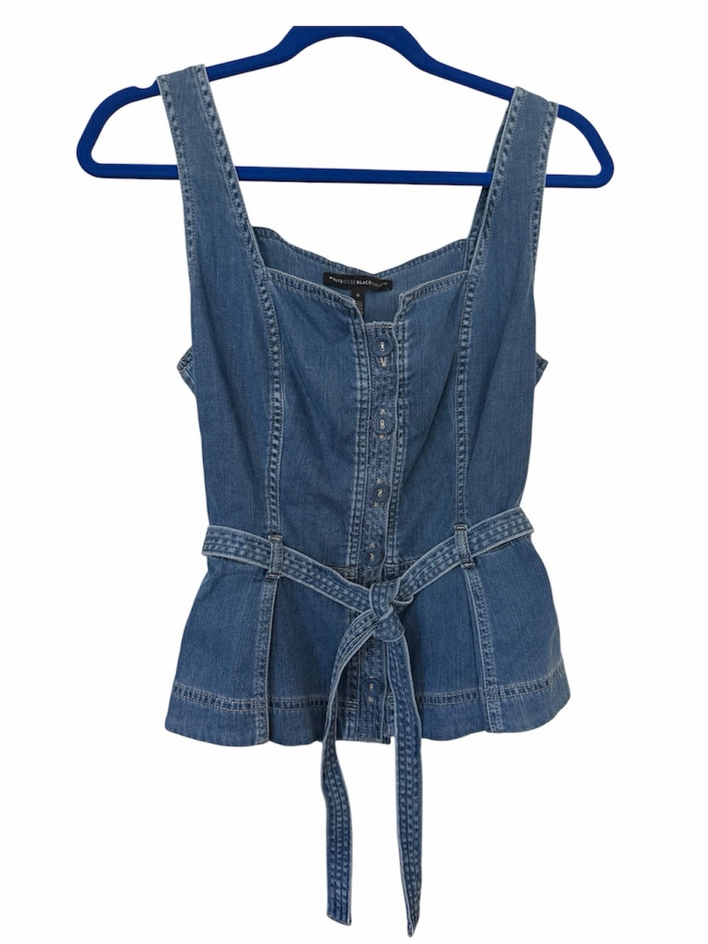 White House Black Market Blue Denim Front Belted Sleeveless Top Size 6
